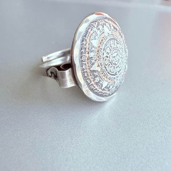 Artisan Mayan Aztec Calendar Sun Disk Diamond Cut Sterling Silver Mexico Ring - Picture 7 of 8